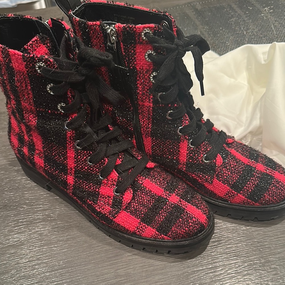 Kate Spade Jemma Sparkling Red and Black Plaid Lace-Up Boots with Side Zipper